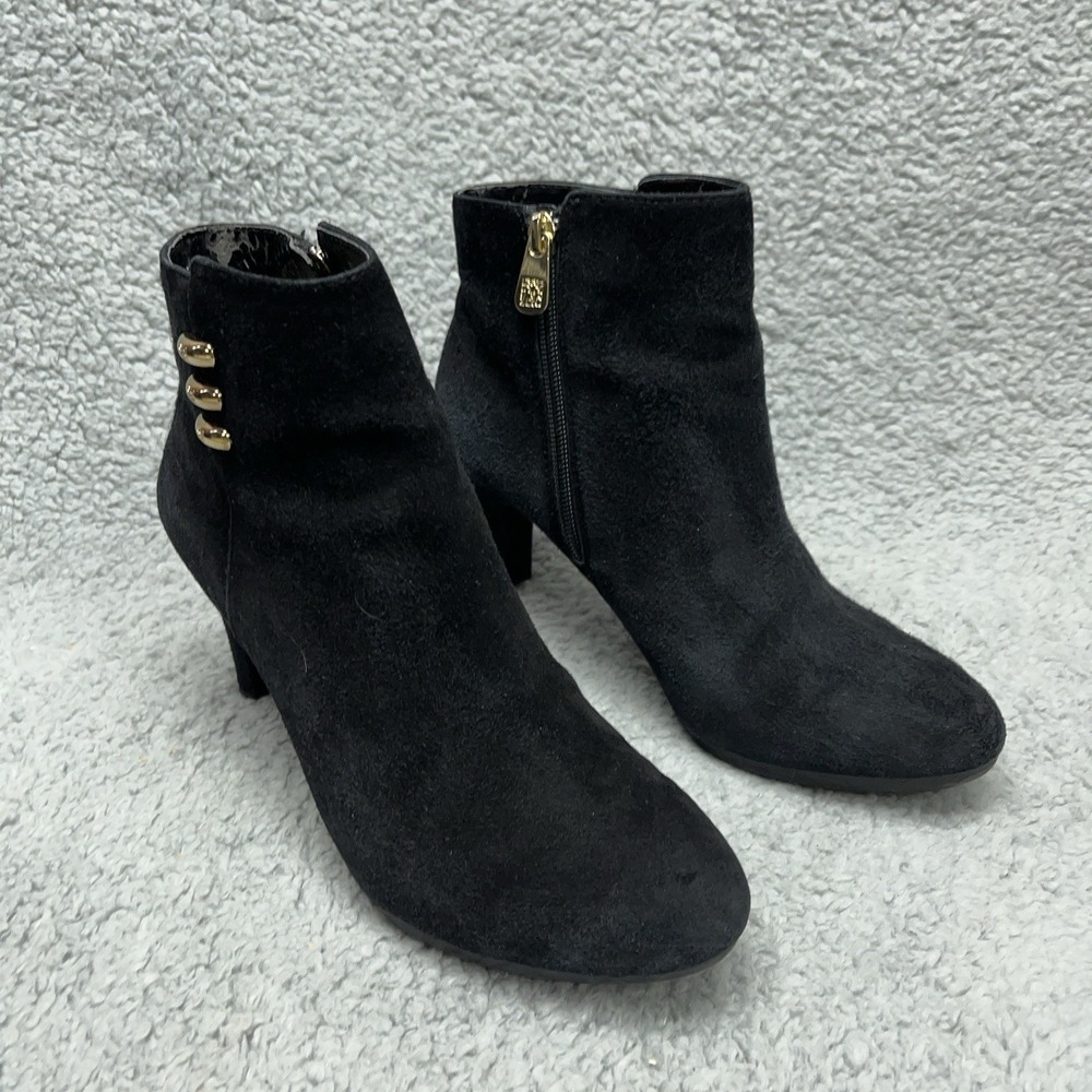 Anne Klein Aksondra Heel Ankle Boots Womens 7M Black Suede Leather Side Zip